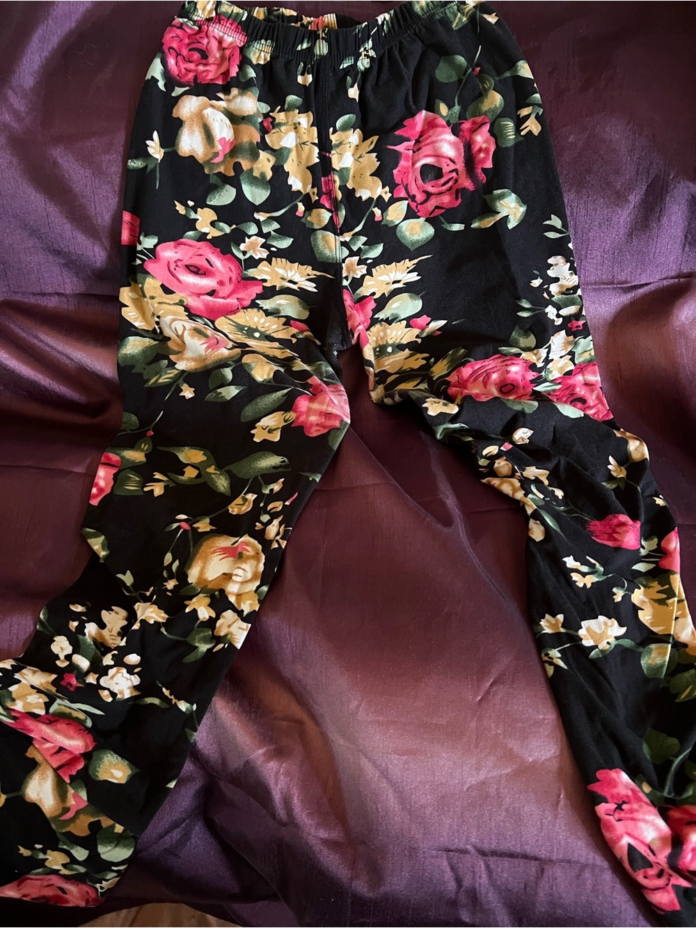 Girls Black Floral Leggings - Pink & Yellow Rose Print